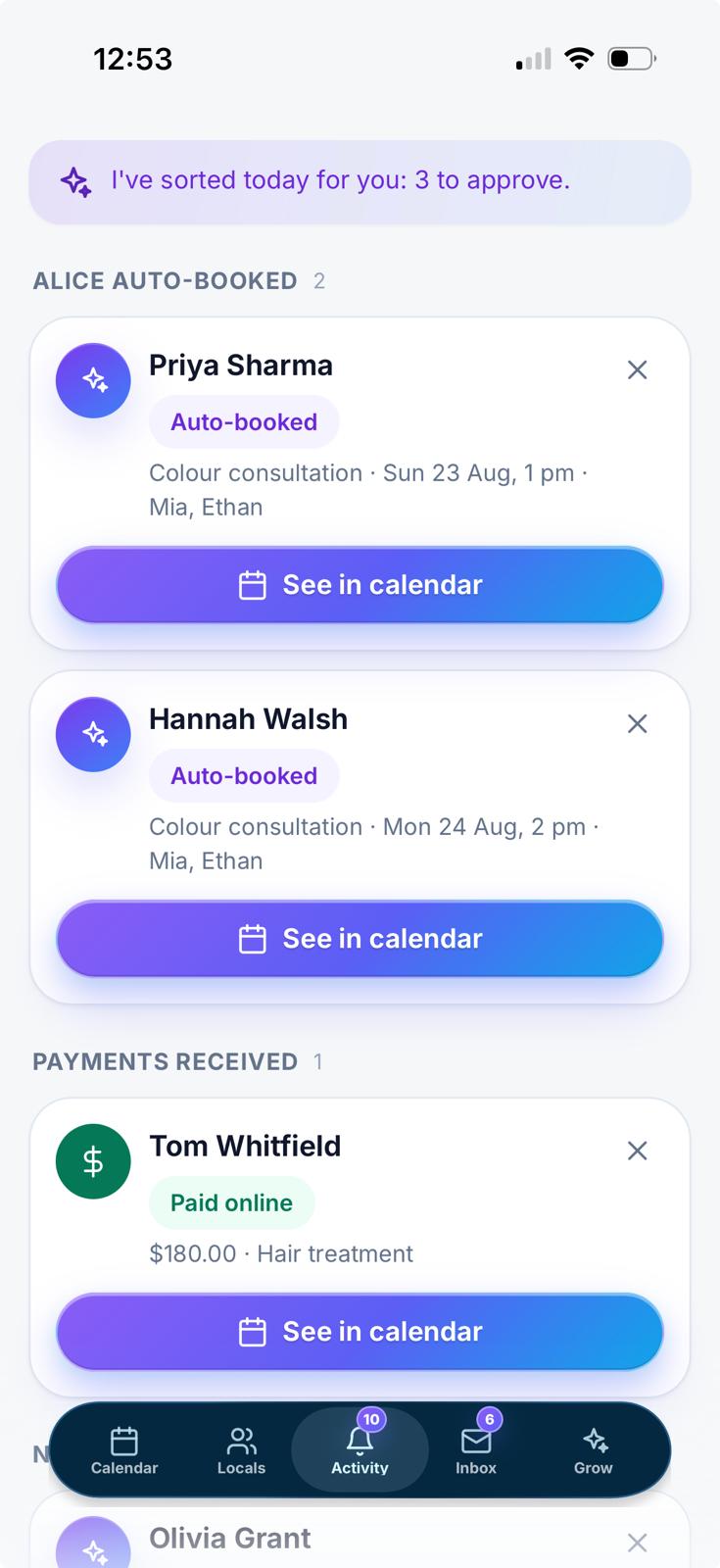 Alice activity feed showing bookings and payments that need attention