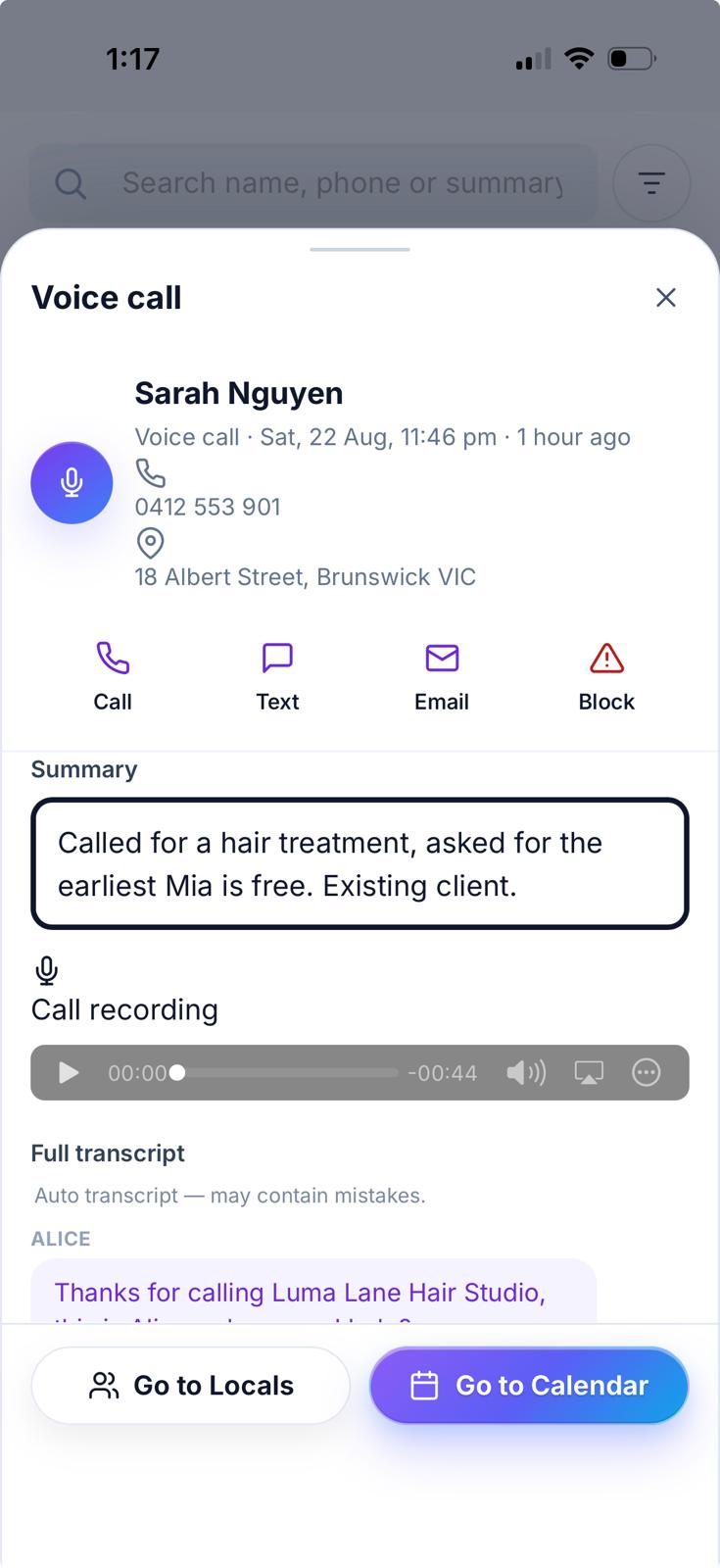 Alice call record showing an AI summary, recording and transcript