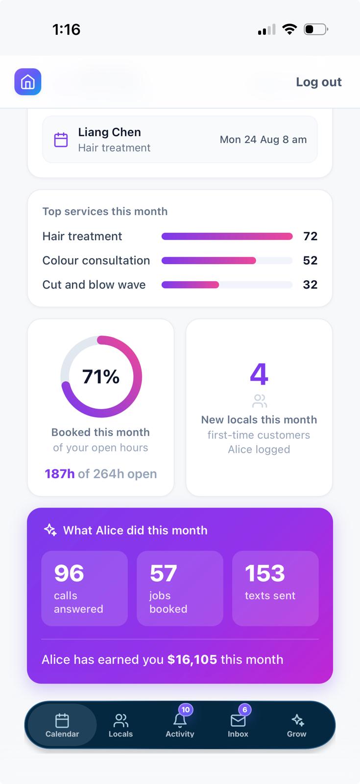 Alice business analytics showing booking rate, top services and the value Alice generated