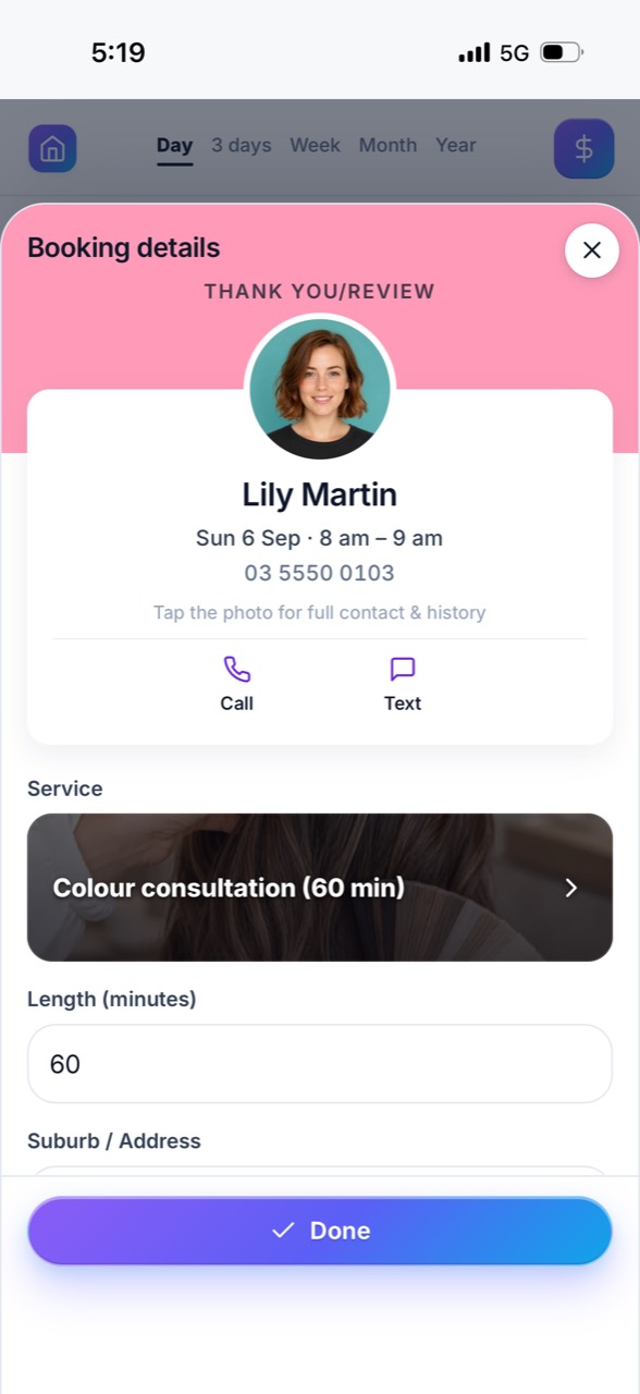 Alice booking details showing a customer, appointment, service, call and text actions