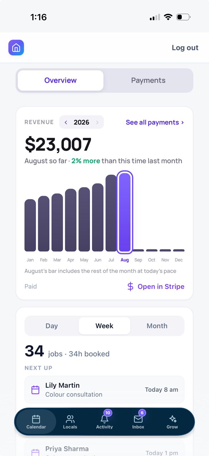 Alice business dashboard showing revenue, jobs, booked hours and upcoming work