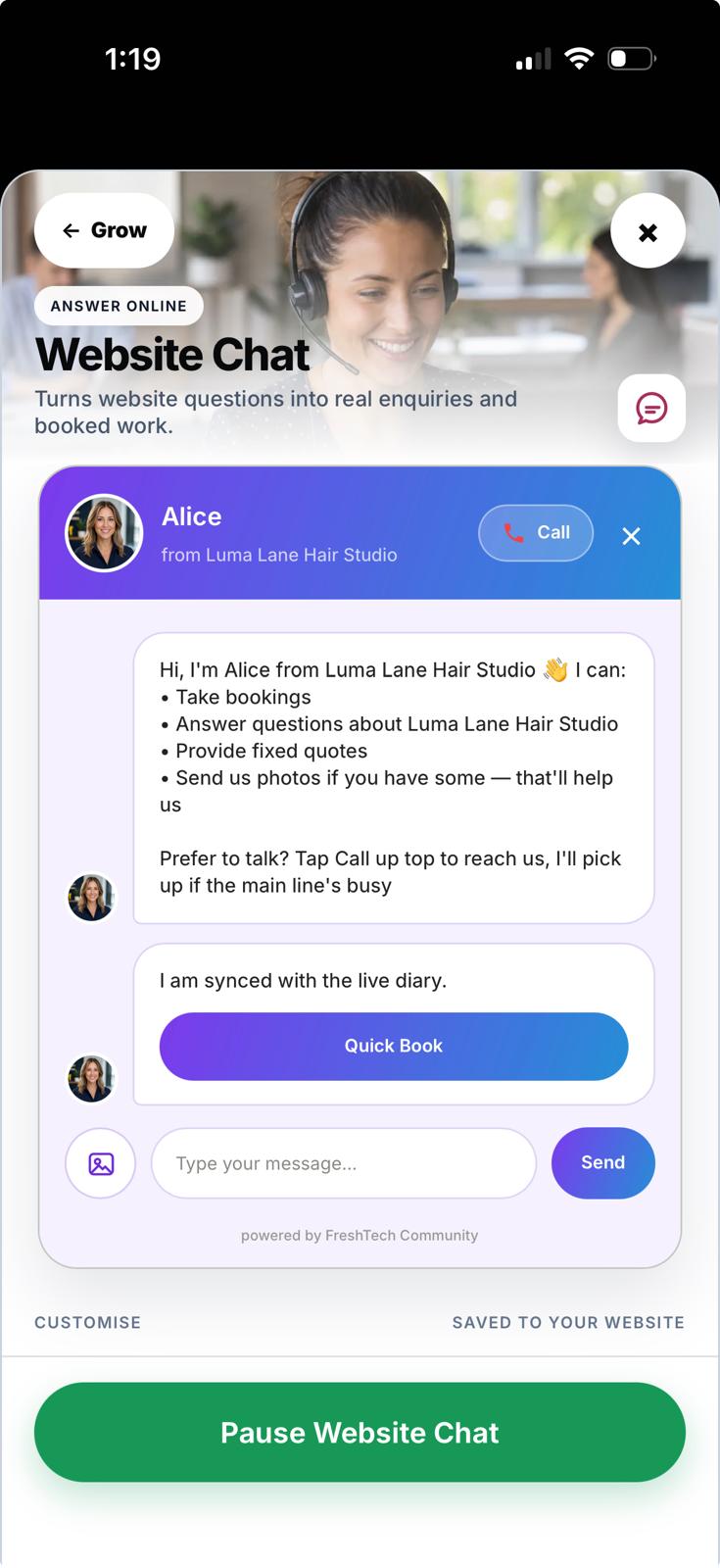 Alice website chat editor showing a custom booking conversation and website controls