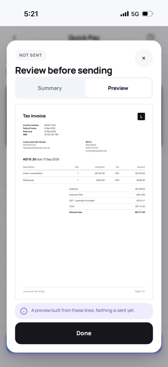 Alice invoice preview ready for review before sending