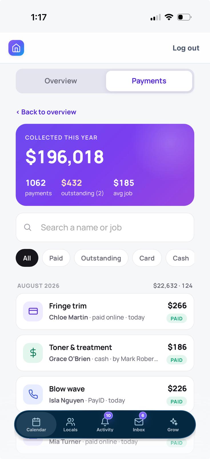 Alice payment tracking showing collected revenue, outstanding payments and recent jobs