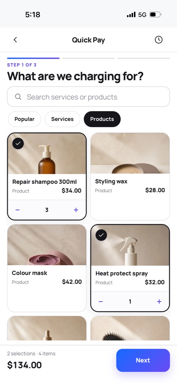 Alice Quick Pay showing services and products ready to charge from a phone