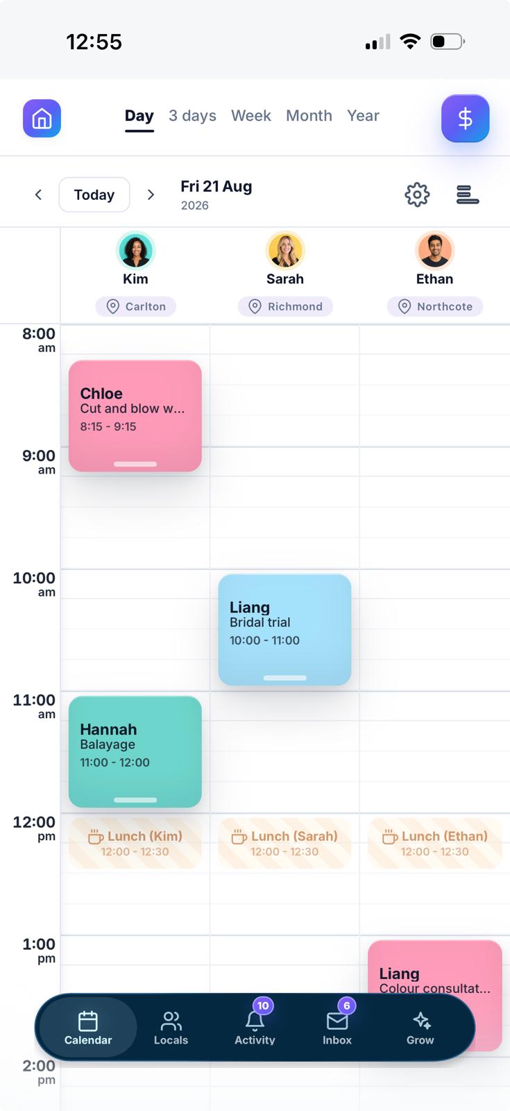 Alice day calendar showing jobs across a team