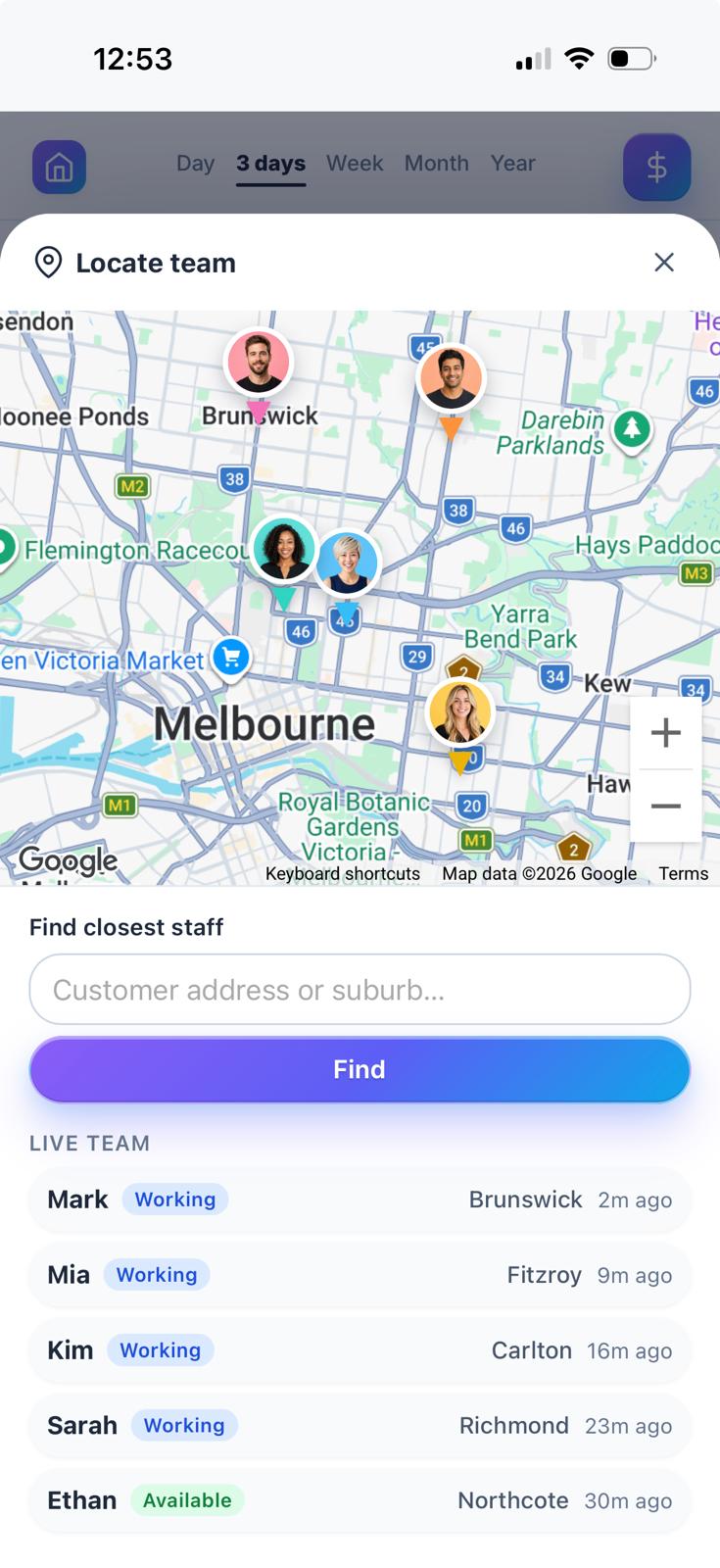 Alice map showing the live location of a business team