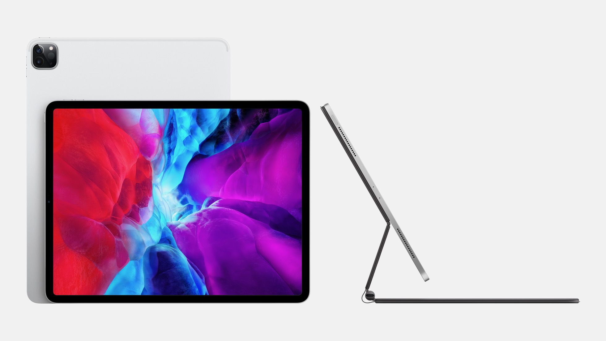 Silver tablet workstation shown from the front, back and standing side profile